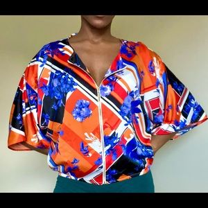 Marc New York Orange Blue White Zip Up Blouse Size 6